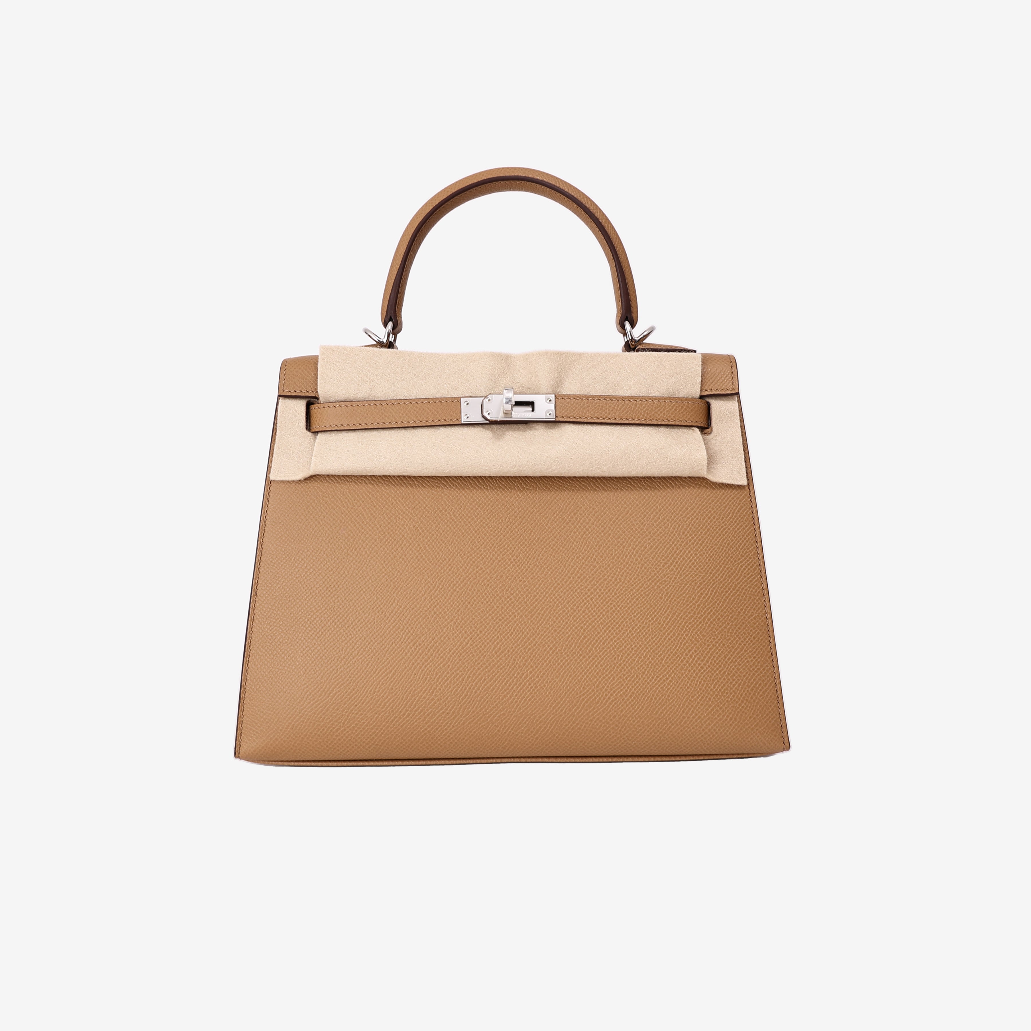 Hermès Kelly 25 in Biscuit Epsom Leather with Palladium Hardware front view