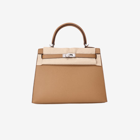 Hermès Kelly 25 in Biscuit Epsom Leather with Palladium Hardware front view