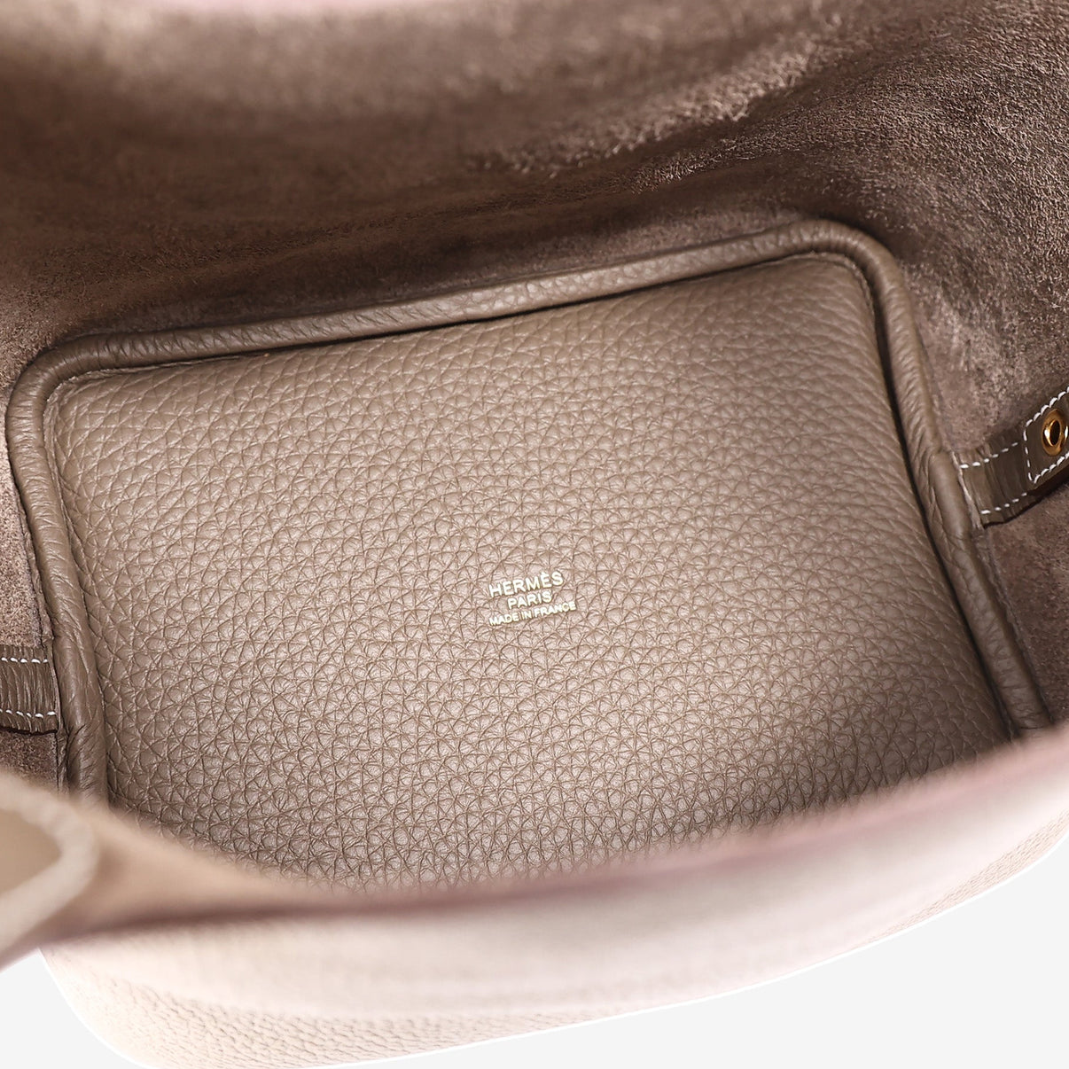 Hermès Picotin 18 in Étoupe Clemence Leather with Gold Hardware interior view