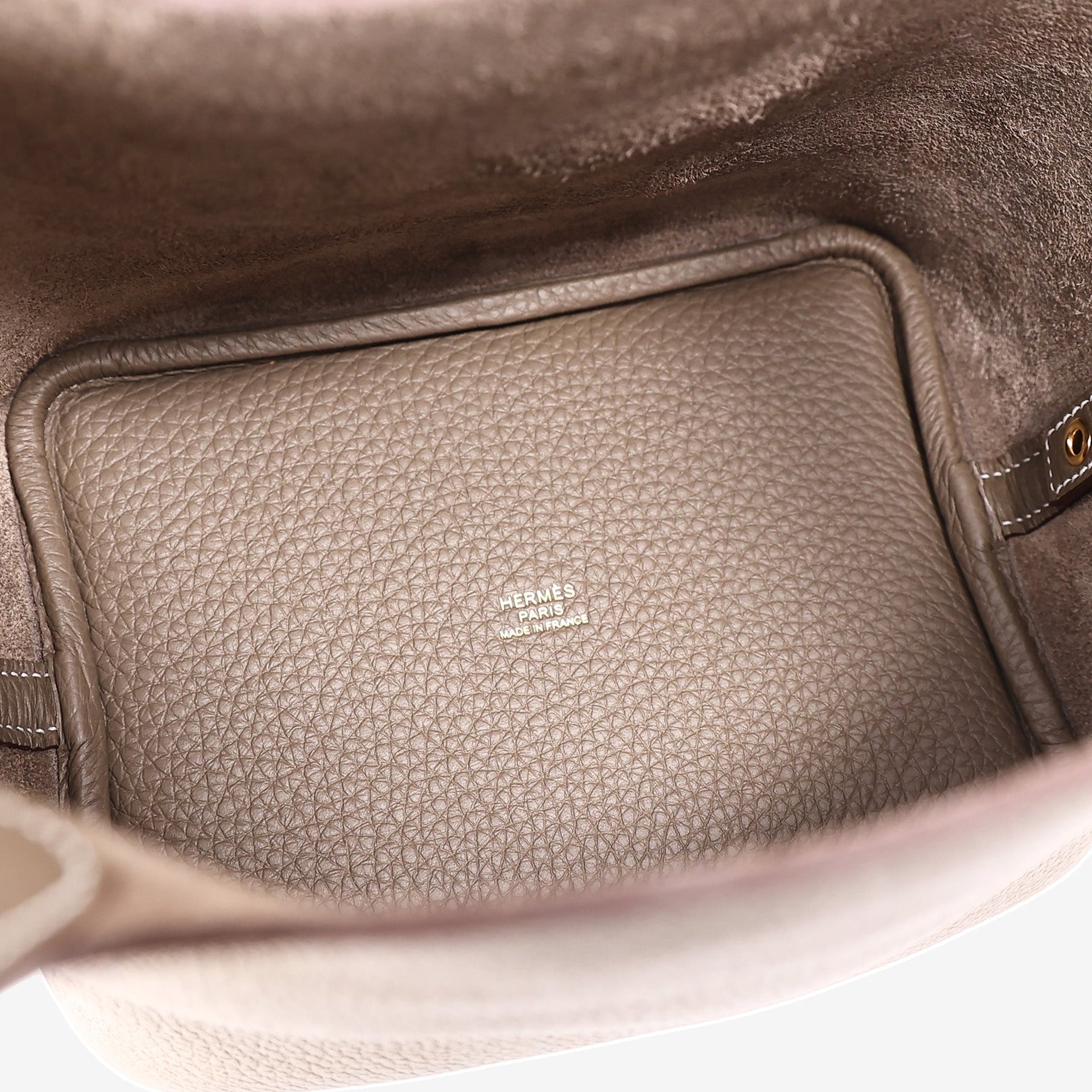 Hermès Picotin 18 in Étoupe Clemence Leather with Gold Hardware interior view