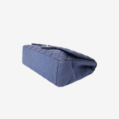 Chanel Quilted Jersey Denim Classic Flap Bag in Blue Knit Fabric with Silver Hardware