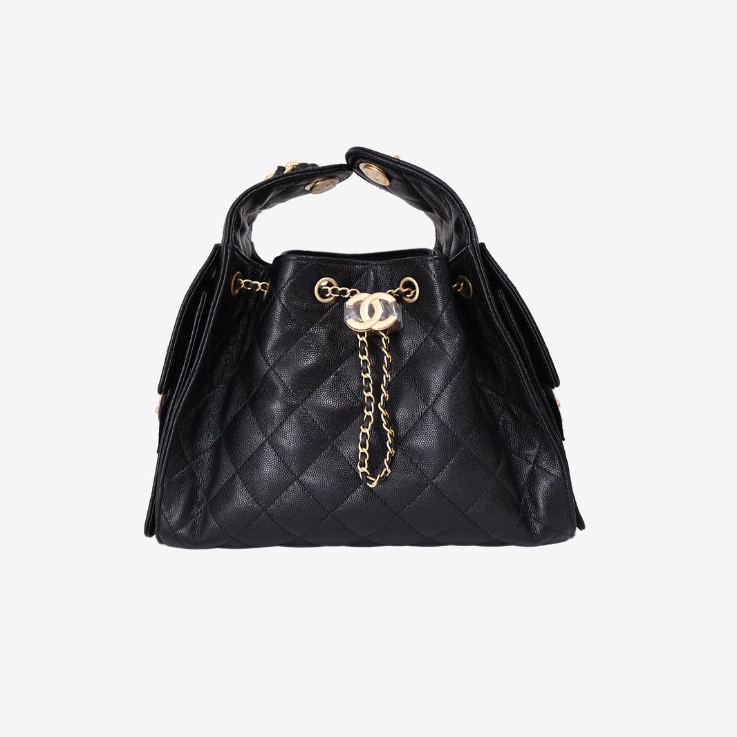 Chanel 25 Small in Black Caviar Leather with Gold Hardware front view