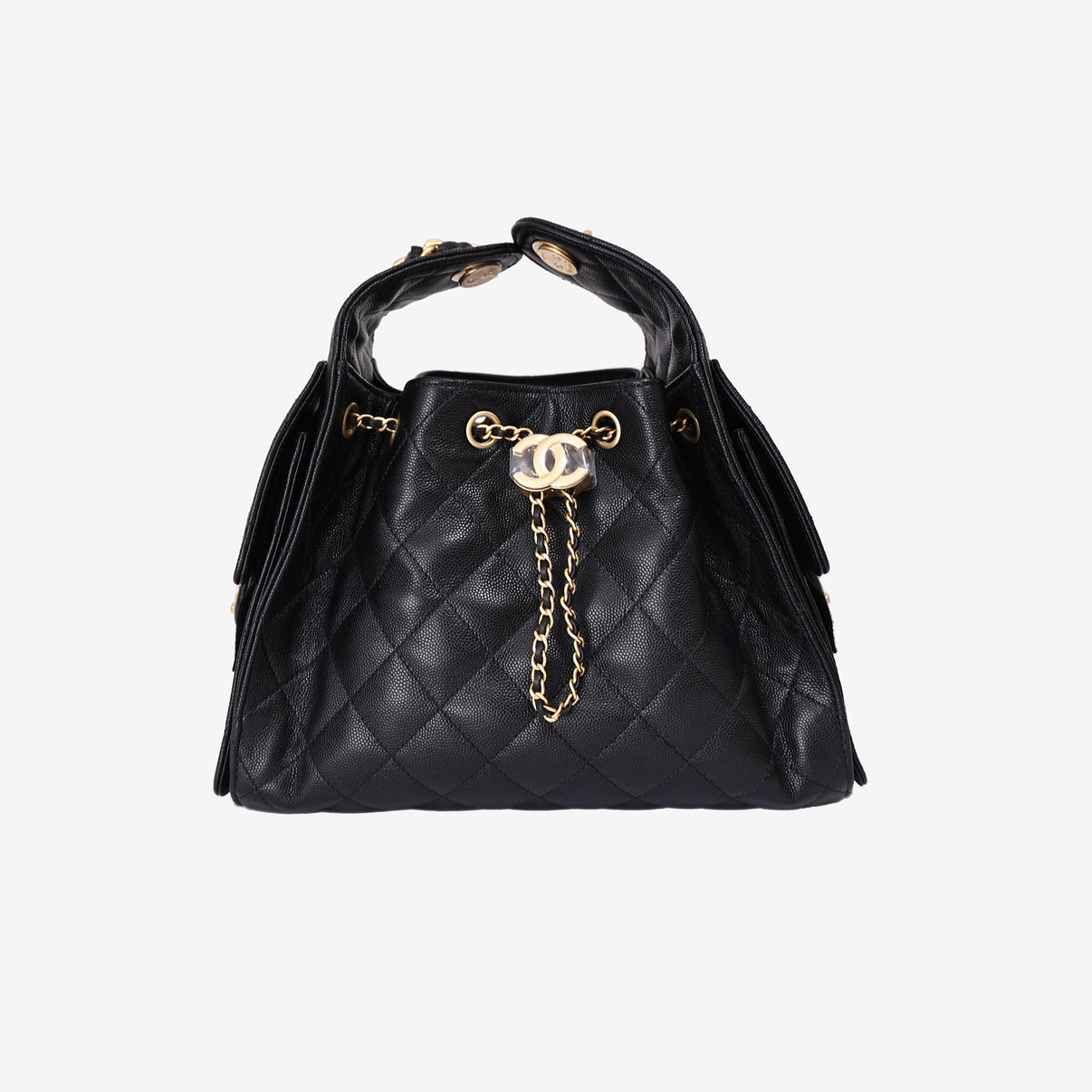 Chanel 25 Small in Black Caviar Leather with Gold Hardware front view