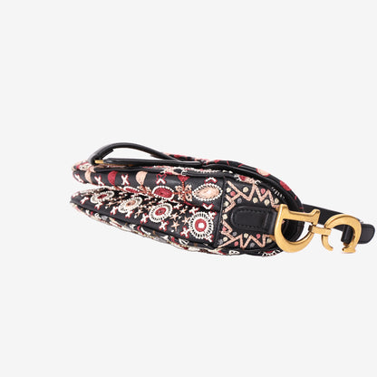Christian Dior Mini Saddle Bag in Black/Burgundy/White Embroidered Canvas with Gold Hardware