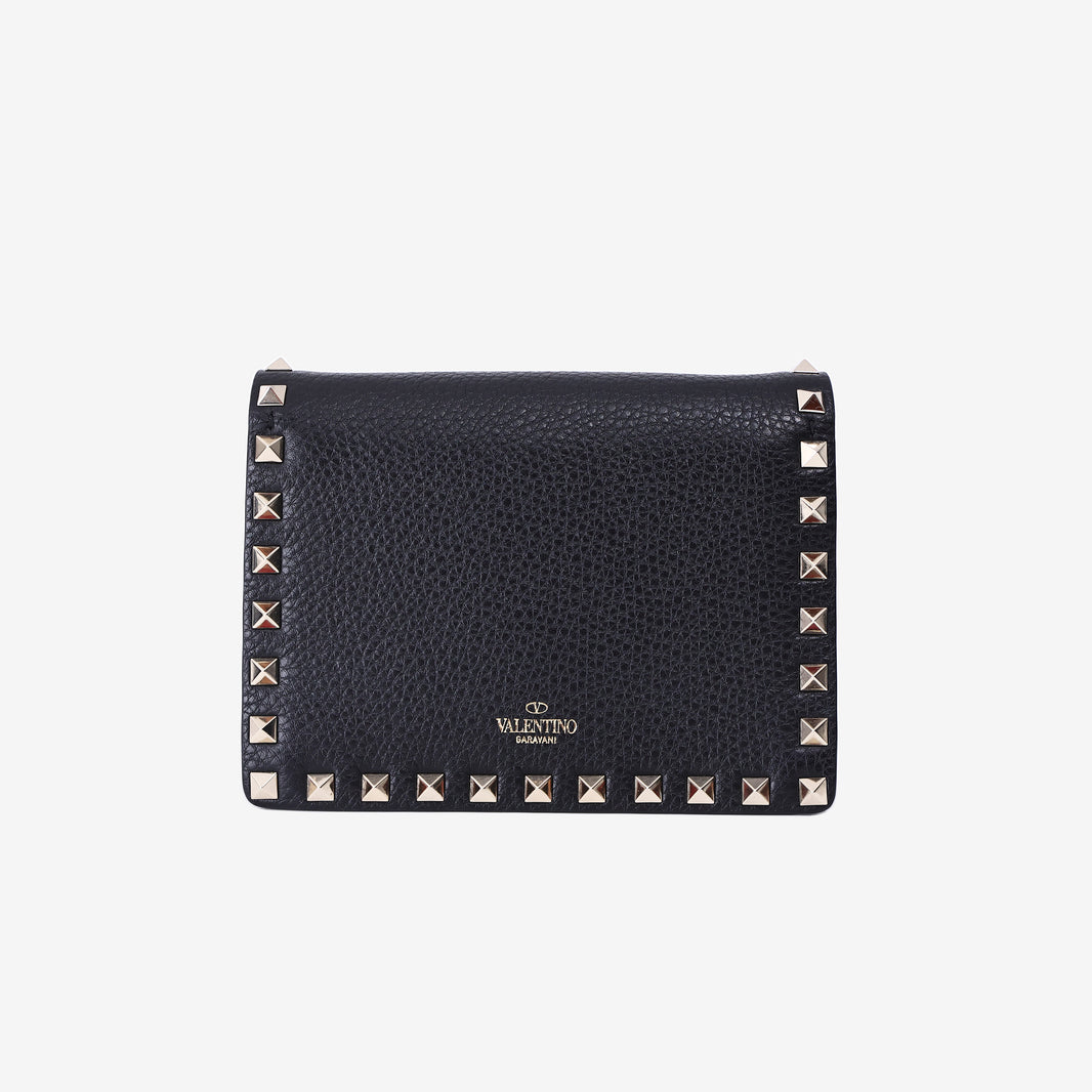 Valentino Garavani Rockstud Wallet on Chain in Black Calfskin Leather with Gold Hardware