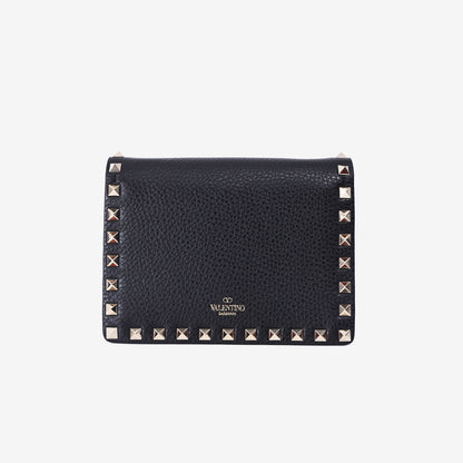 Valentino Garavani Rockstud Wallet on Chain in Black Calfskin Leather with Gold Hardware