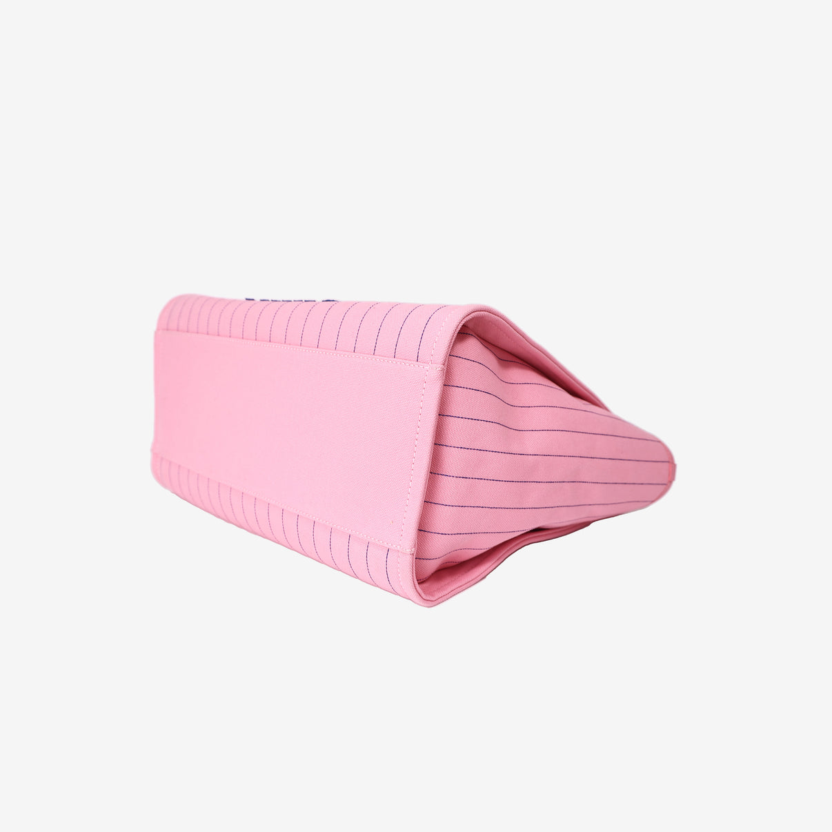Chanel Large Deauville Tote in Pink and Blue Striped Canvas with Calfskin Leather and Palladium Hardware bottom side view