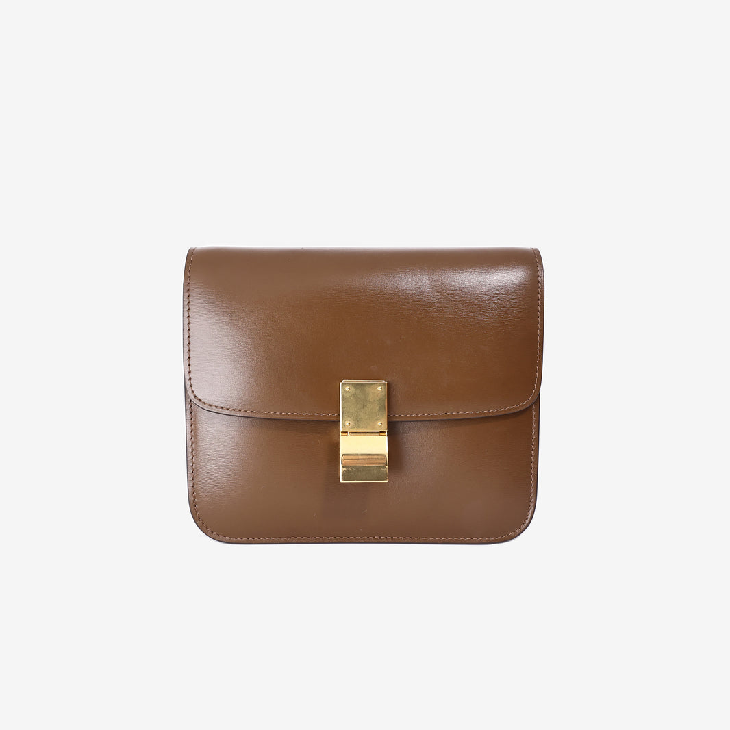Celine Small Box Bag in Brown Calfskin Leather with Gold Hardware