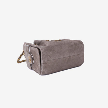 Chanel 25 Small Handbag in Dark Grey Suede with Gold Hardware bottom side view