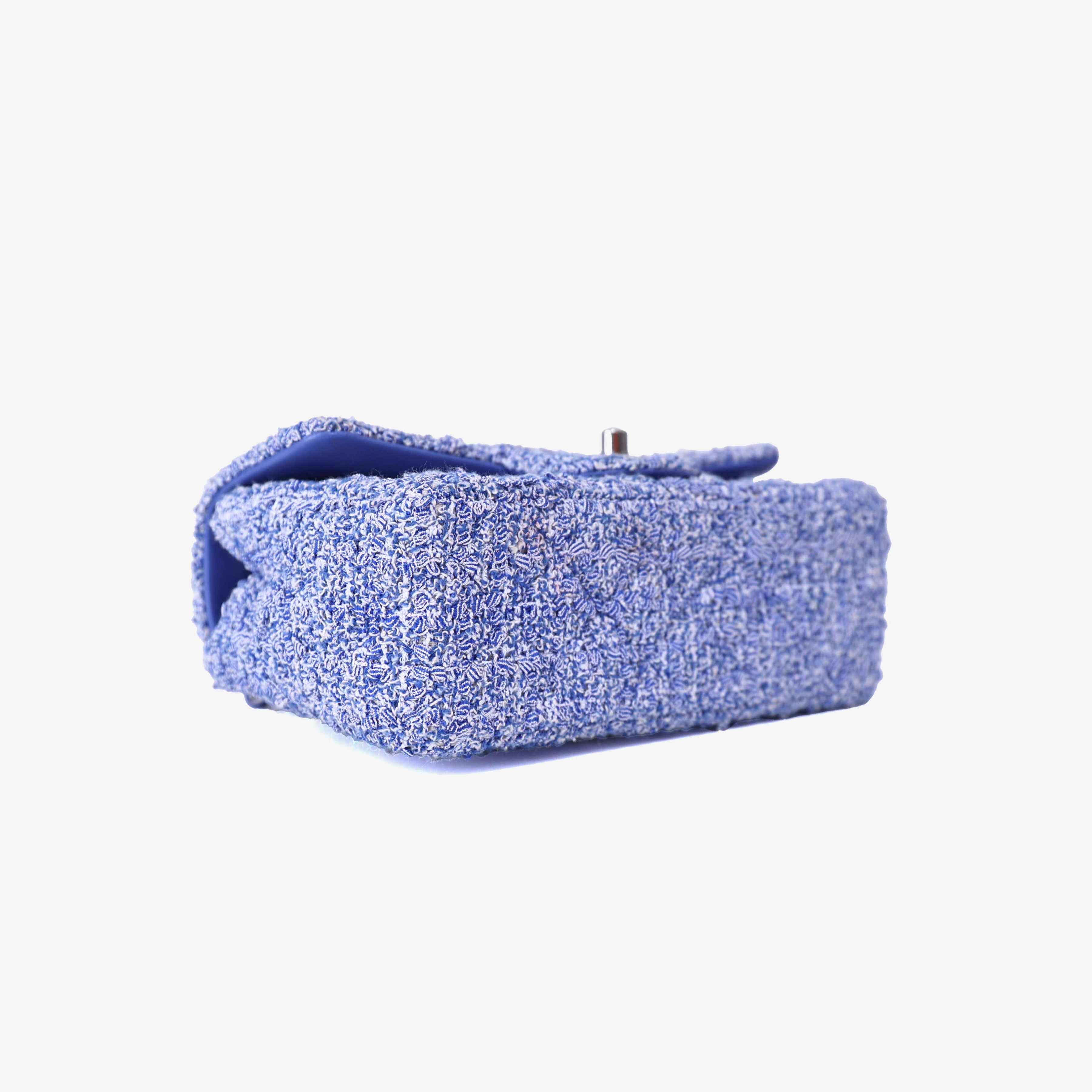 Chanel Mini Rectangular Flap Bag in Blue/White Tweed Leather with Silver Hardware bottom side view