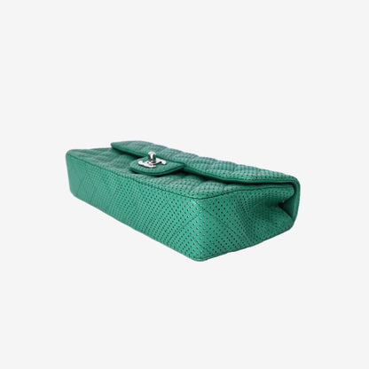 Chanel East/West Classic Flap Bag in Green Perforated Quilted Lambskin Leather with Silver Hardware