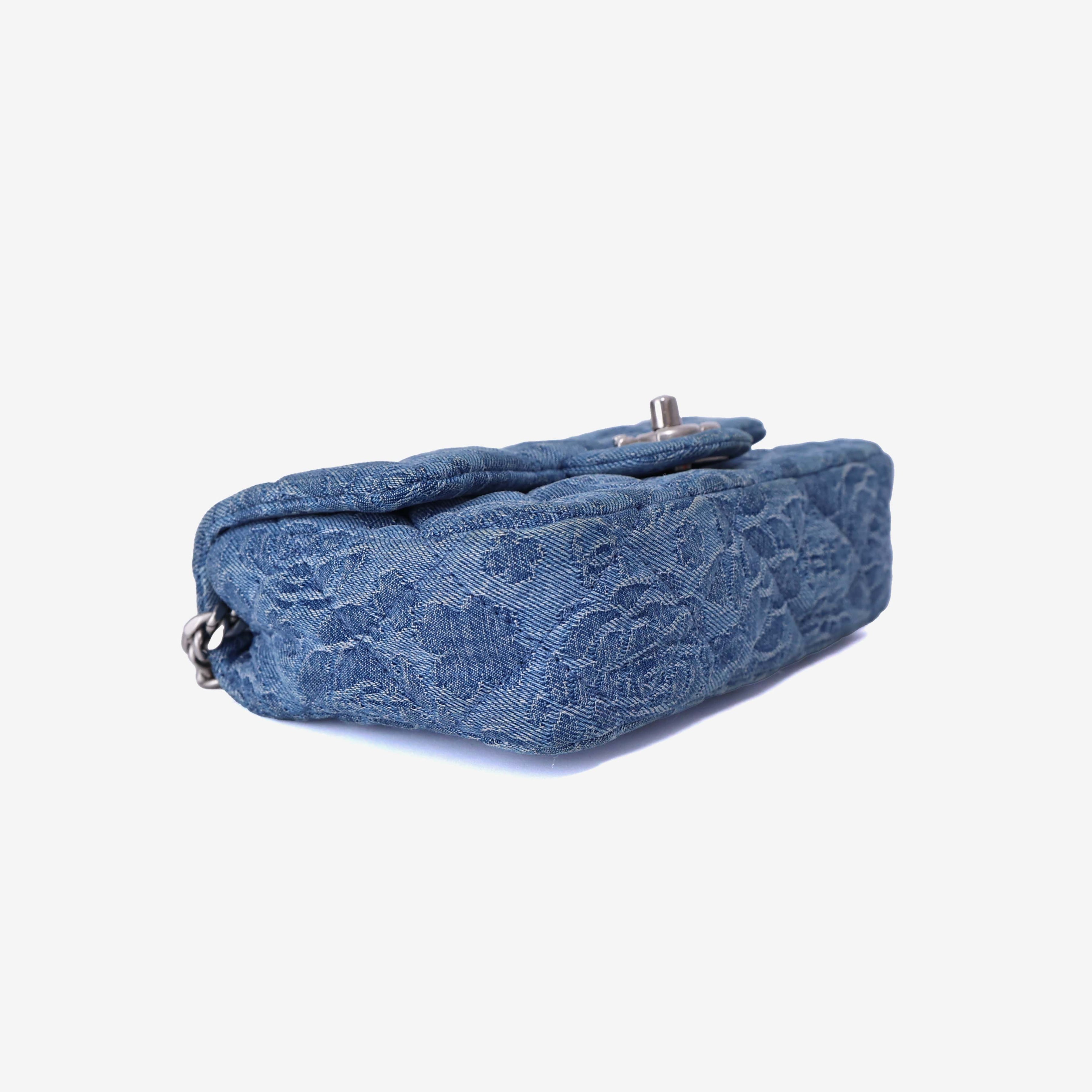 Chanel Heart Crush Mini Flap Bag in Blue Denim Leather with Silver Hardware bottom side view