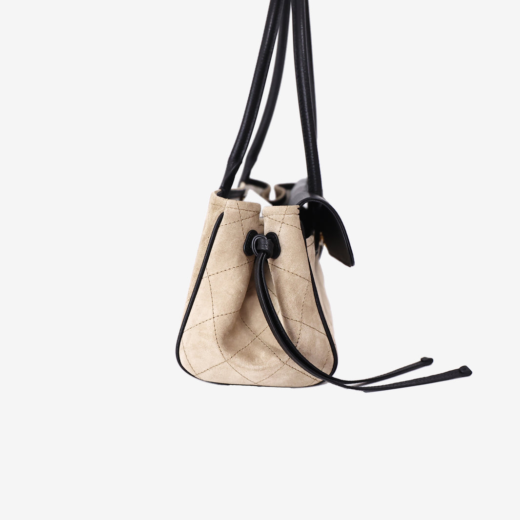 Chanel 26A Small Shopping Bag in Beige Black Suede Calfskin with Gold Hardware