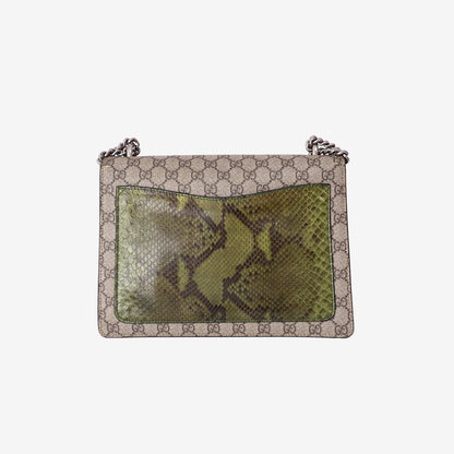 Gucci Dionysus Medium Shoulder Bag in Beige Ebony GG Supreme Canvas with Snakeskin Print and Silver Hardware