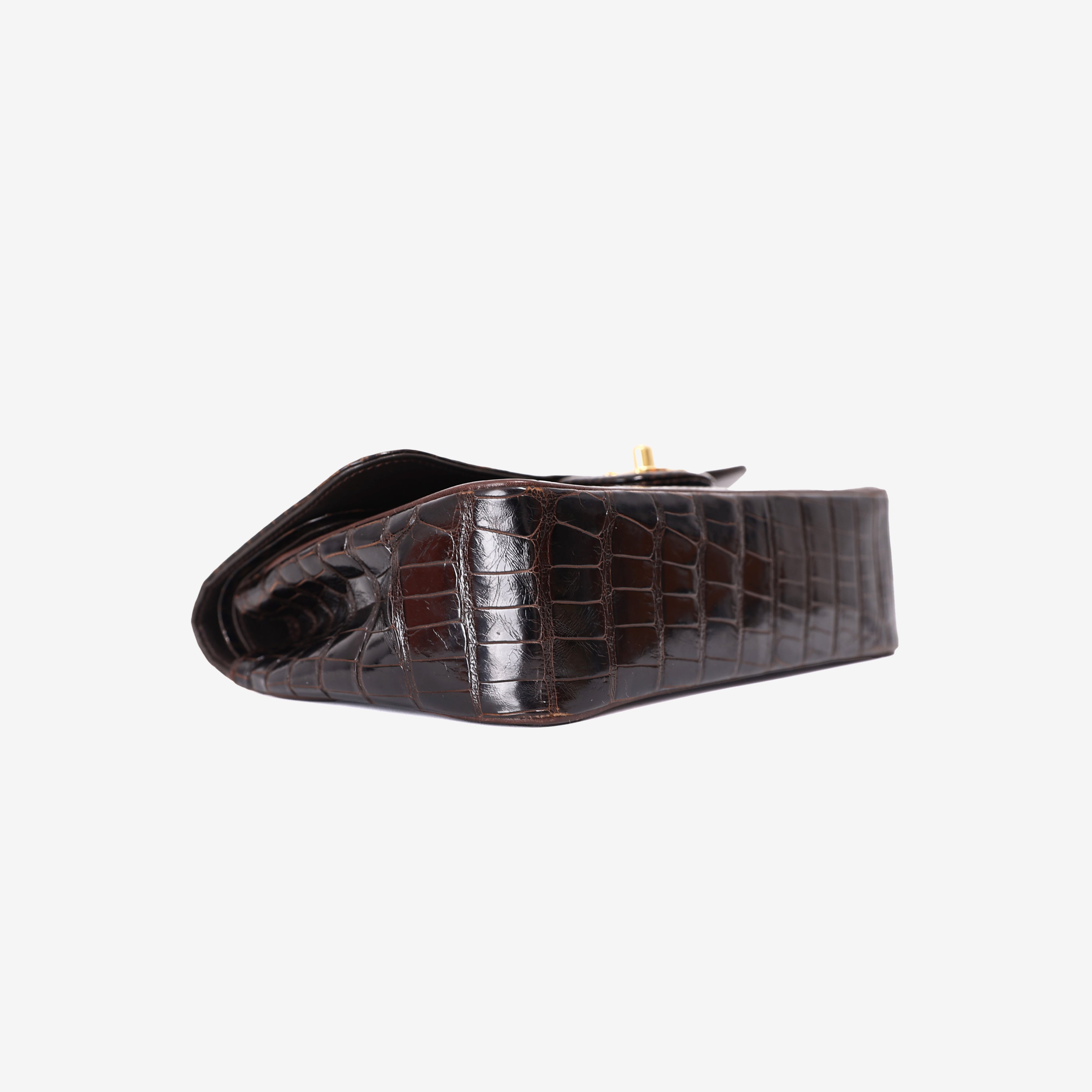 Chanel Timeless Classic Double Flap Small in Black Shiny Alligator Leather with Gold Hardware bottom side view