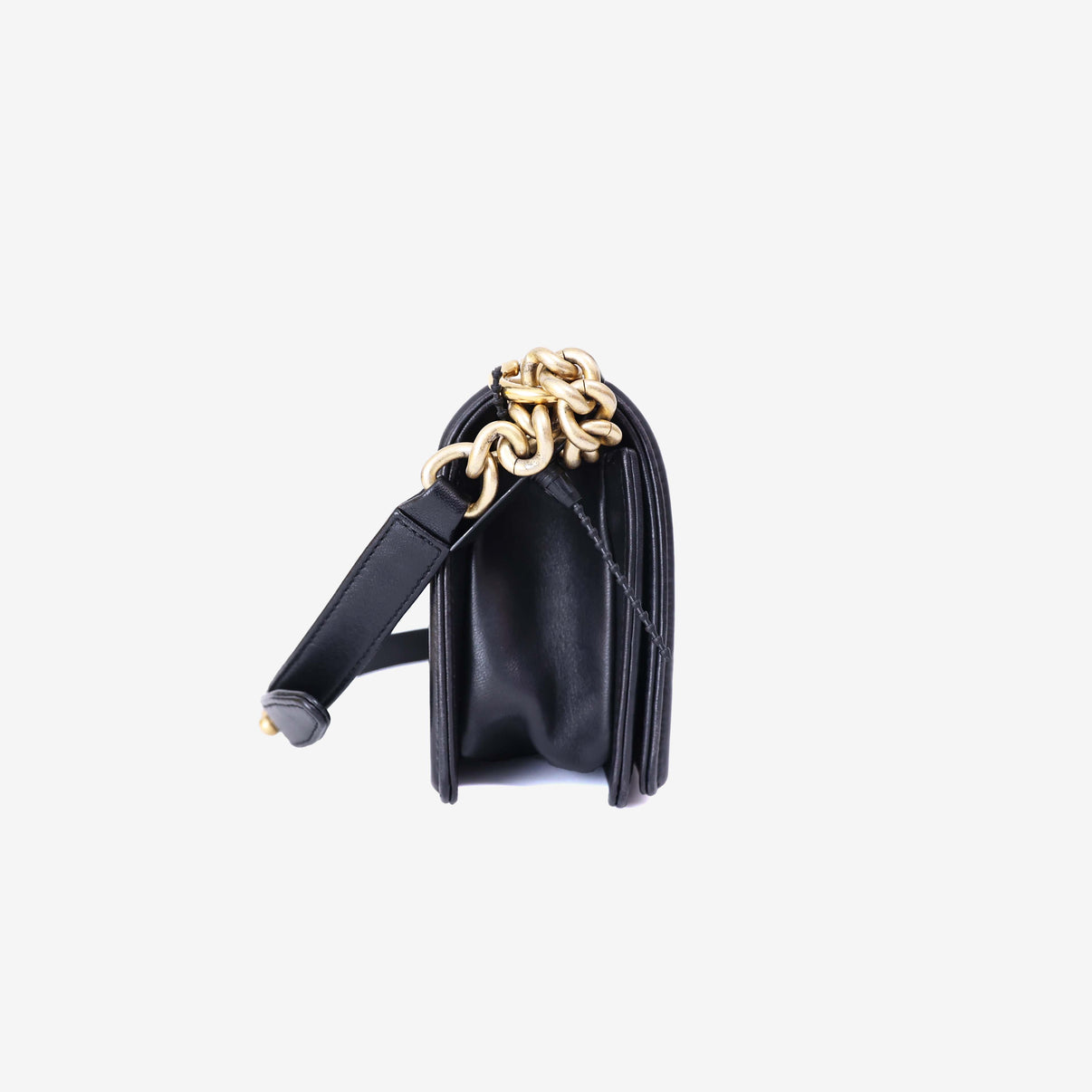 Chanel Boy Bag in Black Lambskin Leather with Gold Hardware side view