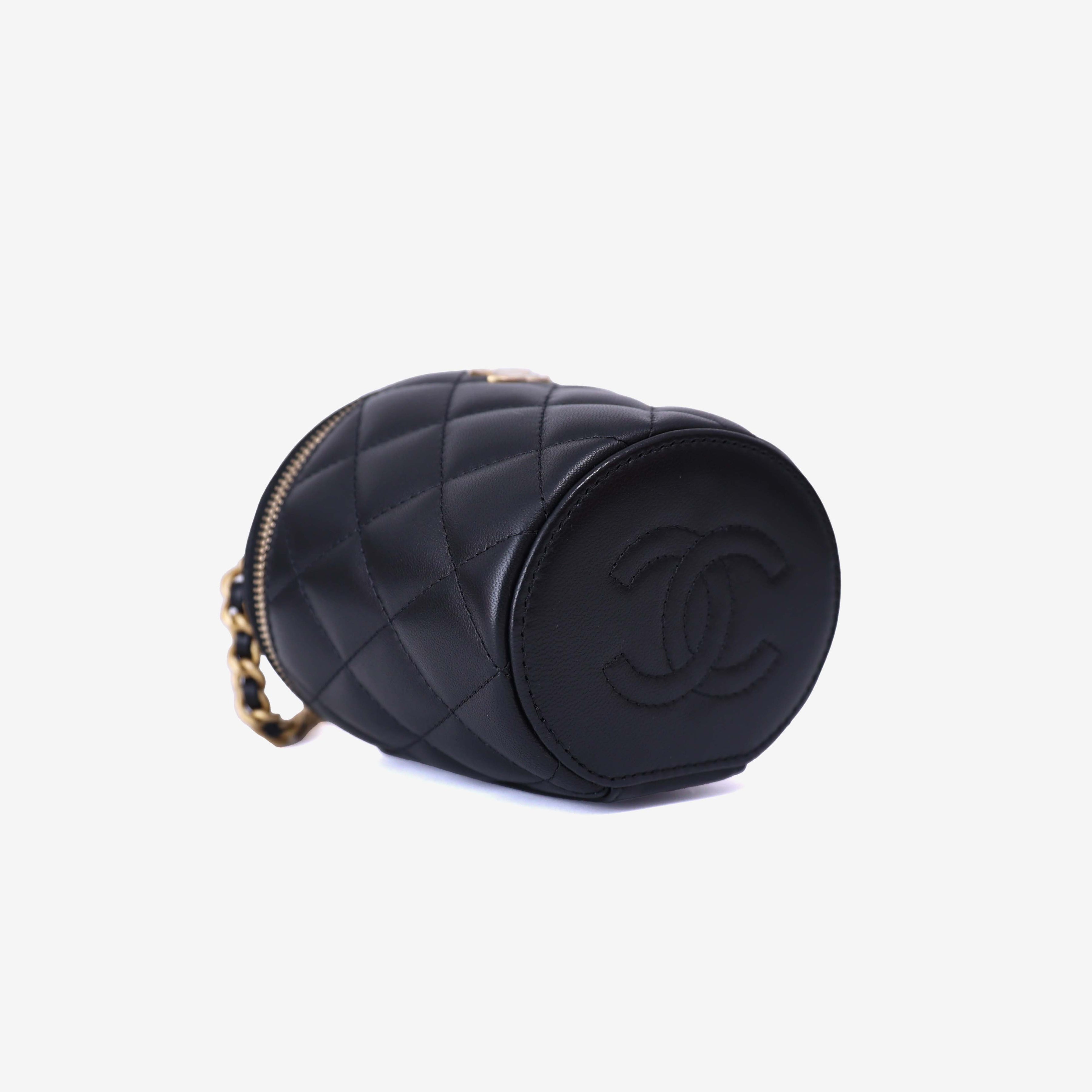 Chanel Bucket Bag in Black Calfskin Leather with Gold Hardware bottom side view