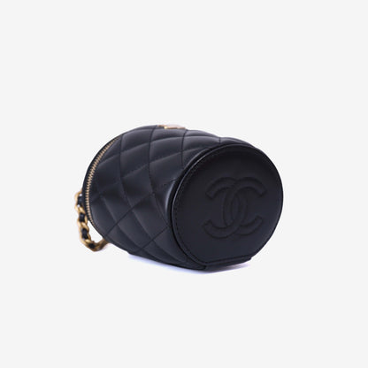 Chanel Bucket Bag in Black Calfskin Leather with Gold Hardware bottom side view