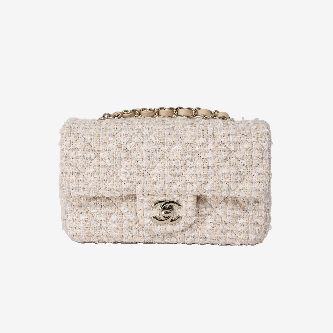 Chanel Tweed Quilted Mini Rectangular Flap in Off-White and Beige Tweed with Gold Hardware