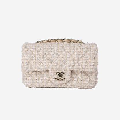 Chanel Tweed Quilted Mini Rectangular Flap in Off-White and Beige Tweed with Gold Hardware