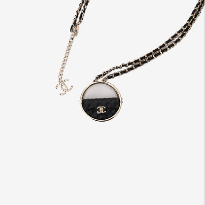 Chanel Gold CC Black Hula Bag Mirror Large Charm Long Necklace in Black Leather with Gold Hardware