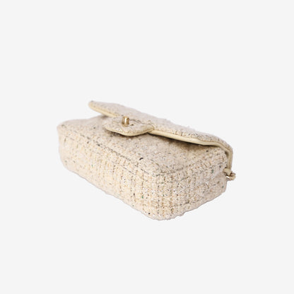 Chanel Tweed Quilted Mini Rectangular Flap Bag in Light Yellow Tweed with Gold Hardware