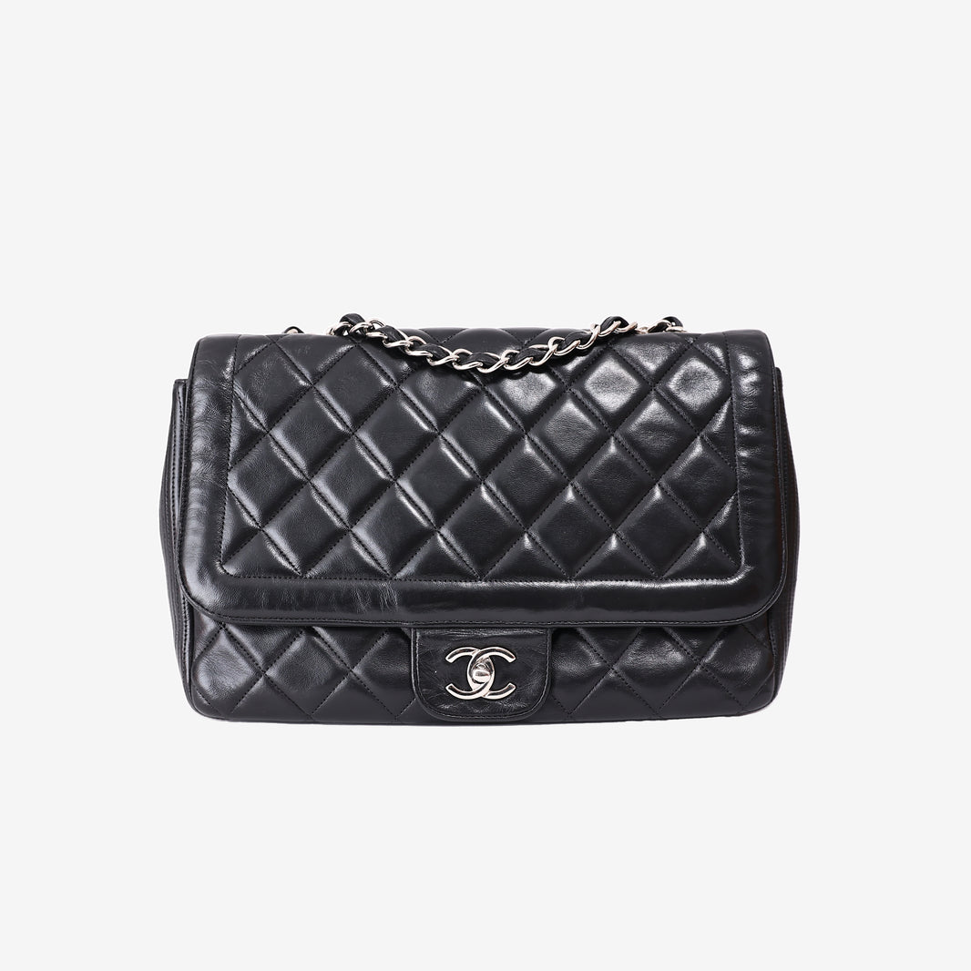 Chanel Vintage Classic Flap Bag in Black Lambskin Leather with Silver Hardware front view