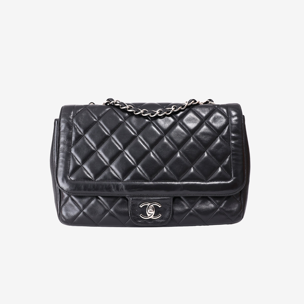 Chanel Vintage Classic Flap Bag in Black Lambskin Leather with Silver Hardware front view