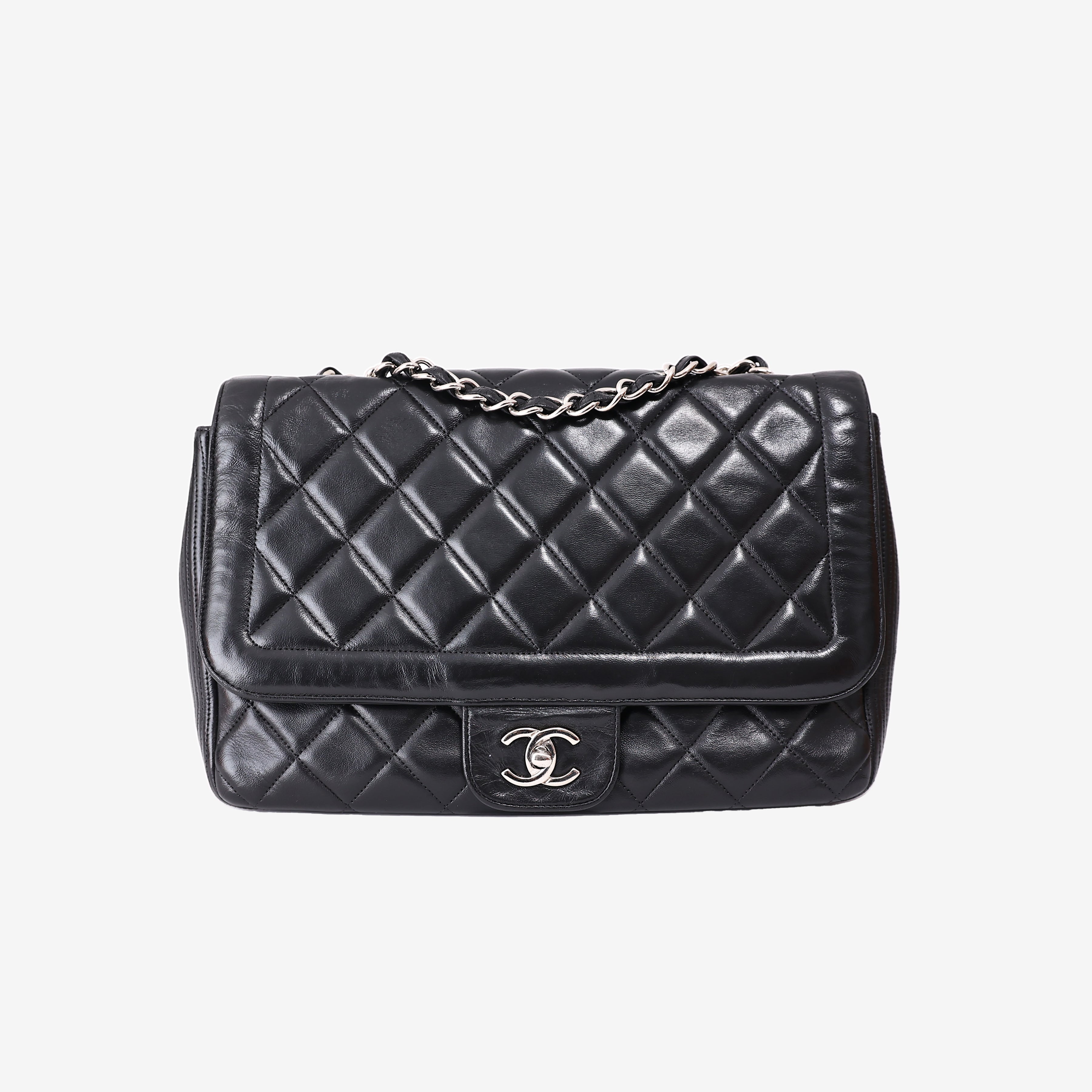 Chanel Vintage Classic Flap Bag in Black Lambskin Leather with Silver Hardware front view