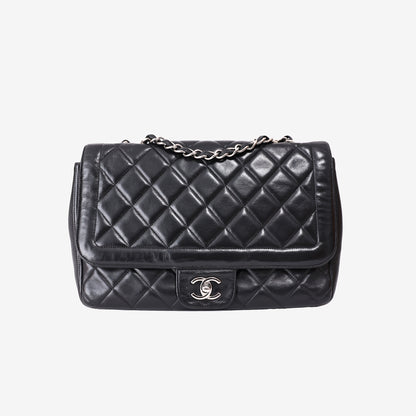Chanel Vintage Classic Flap Bag in Black Lambskin Leather with Silver Hardware front view