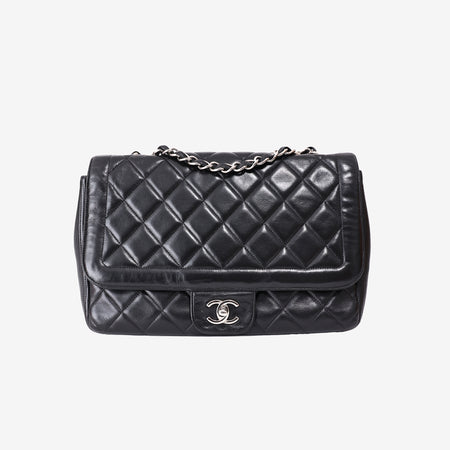 Chanel Vintage Classic Flap Bag in Black Lambskin Leather with Silver Hardware front view