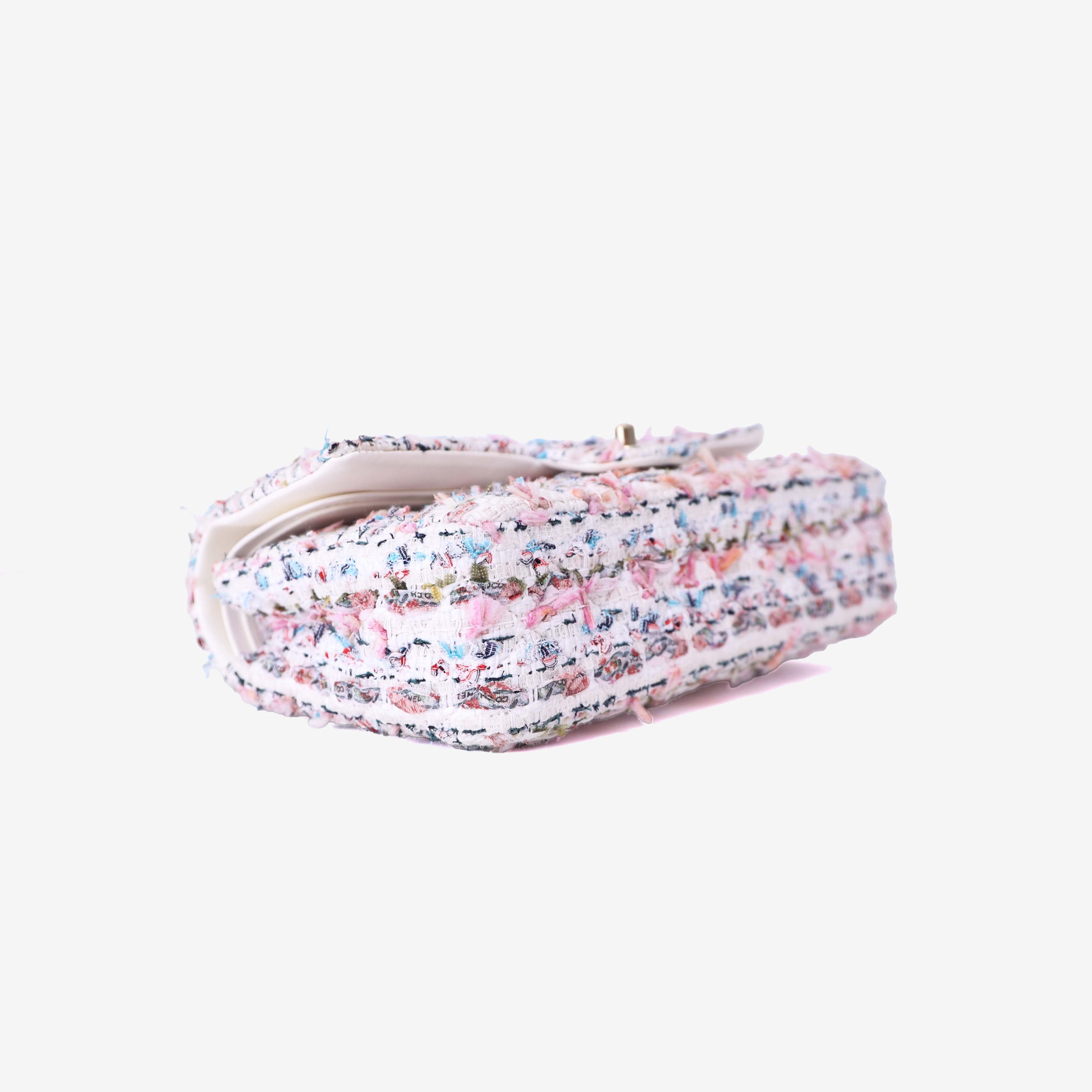Chanel Classic Flap Bag in White/Pink Tweed Leather with Gold Hardware bottom side view
