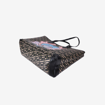 Versace La Greca Medusa Music Tote in Brown Coated Canvas and Calfskin Leather