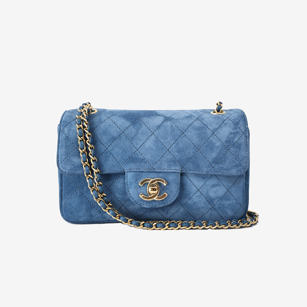 Chanel 26B Mini “Souplissimo” Flap Bag in Blue Suede with Gold Hardware