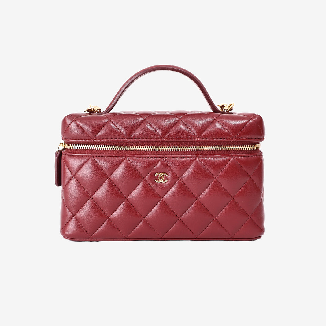 Chanel Vanity Bag with Top Handle in Burgundy Lambskin Leather with Gold Hardware front view