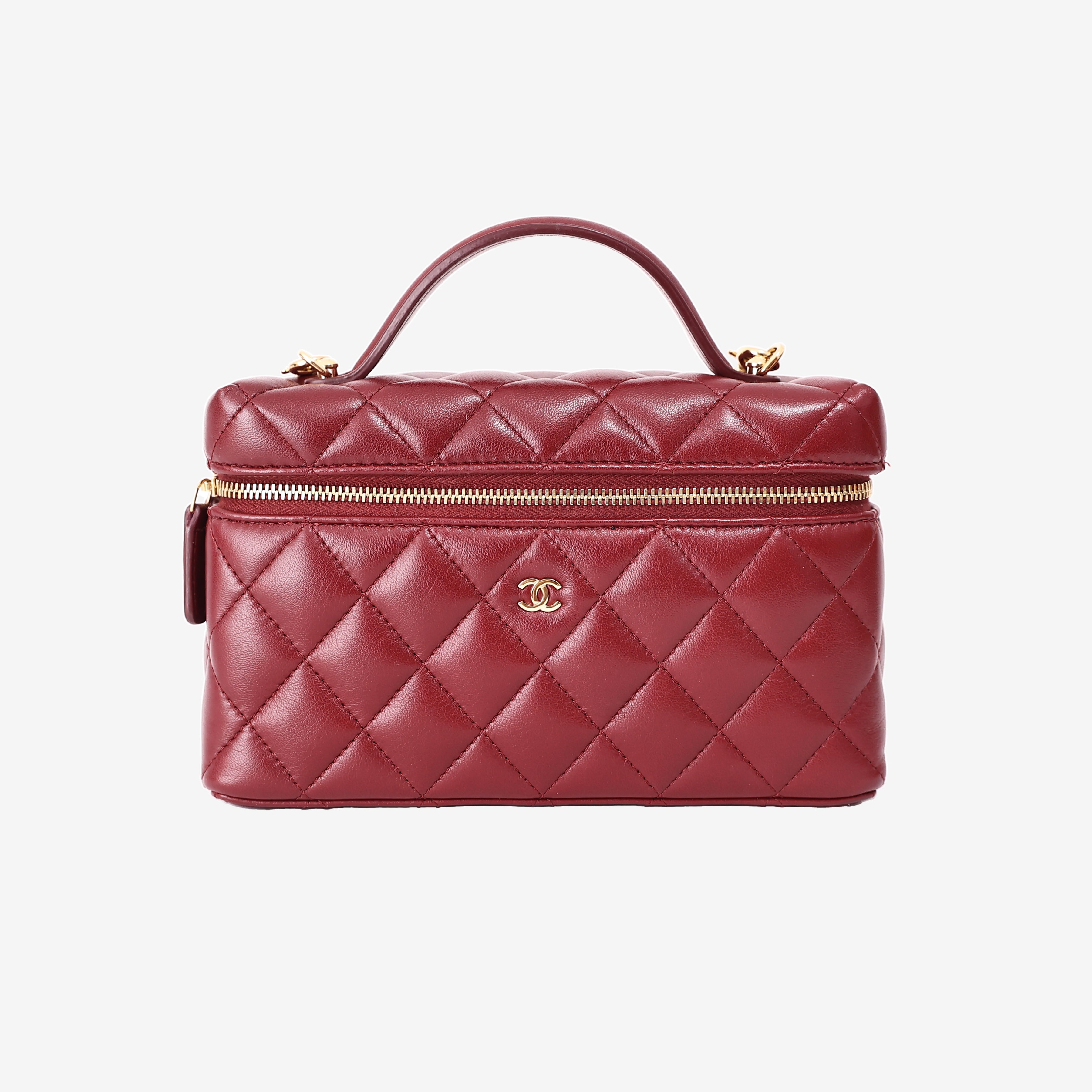 Chanel Vanity Bag with Top Handle in Burgundy Lambskin Leather with Gold Hardware front view