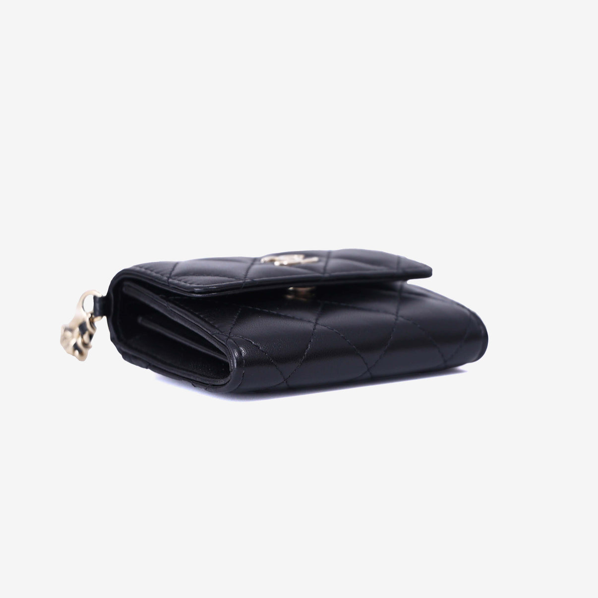 Chanel Wallet on Pearl Chain Card Holder in Black Lambskin Leather with Gold Hardware bottom side view