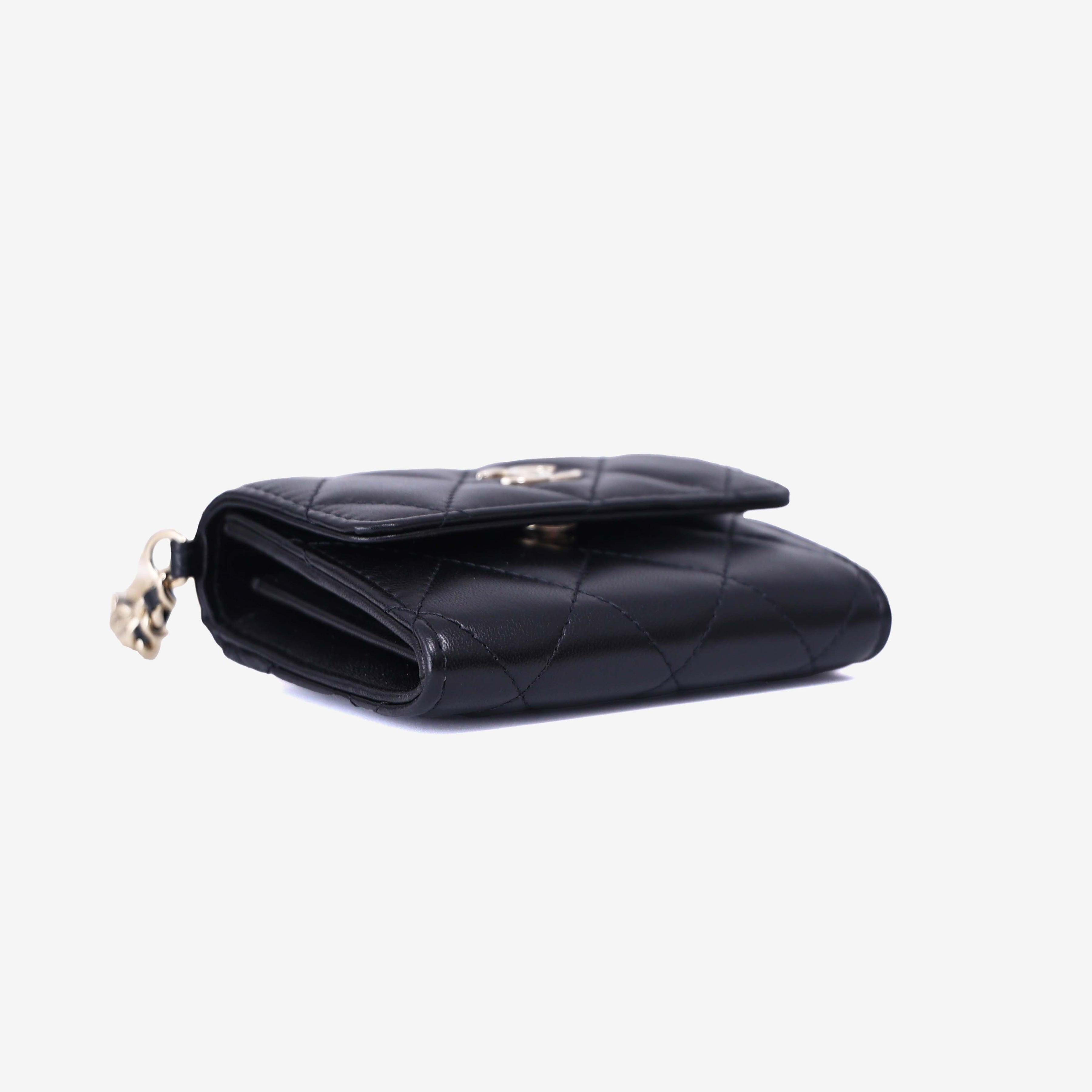 Chanel Wallet on Pearl Chain Card Holder in Black Lambskin Leather with Gold Hardware bottom side view
