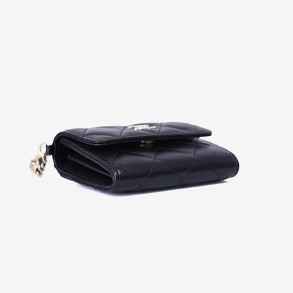 Chanel Wallet on Pearl Chain Card Holder in Black Lambskin Leather with Gold Hardware bottom side view