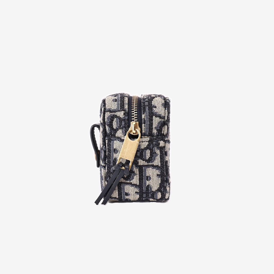 Dior Oblique Pouch in Navy and Beige Jacquard Canvas with Gold Hardware side view