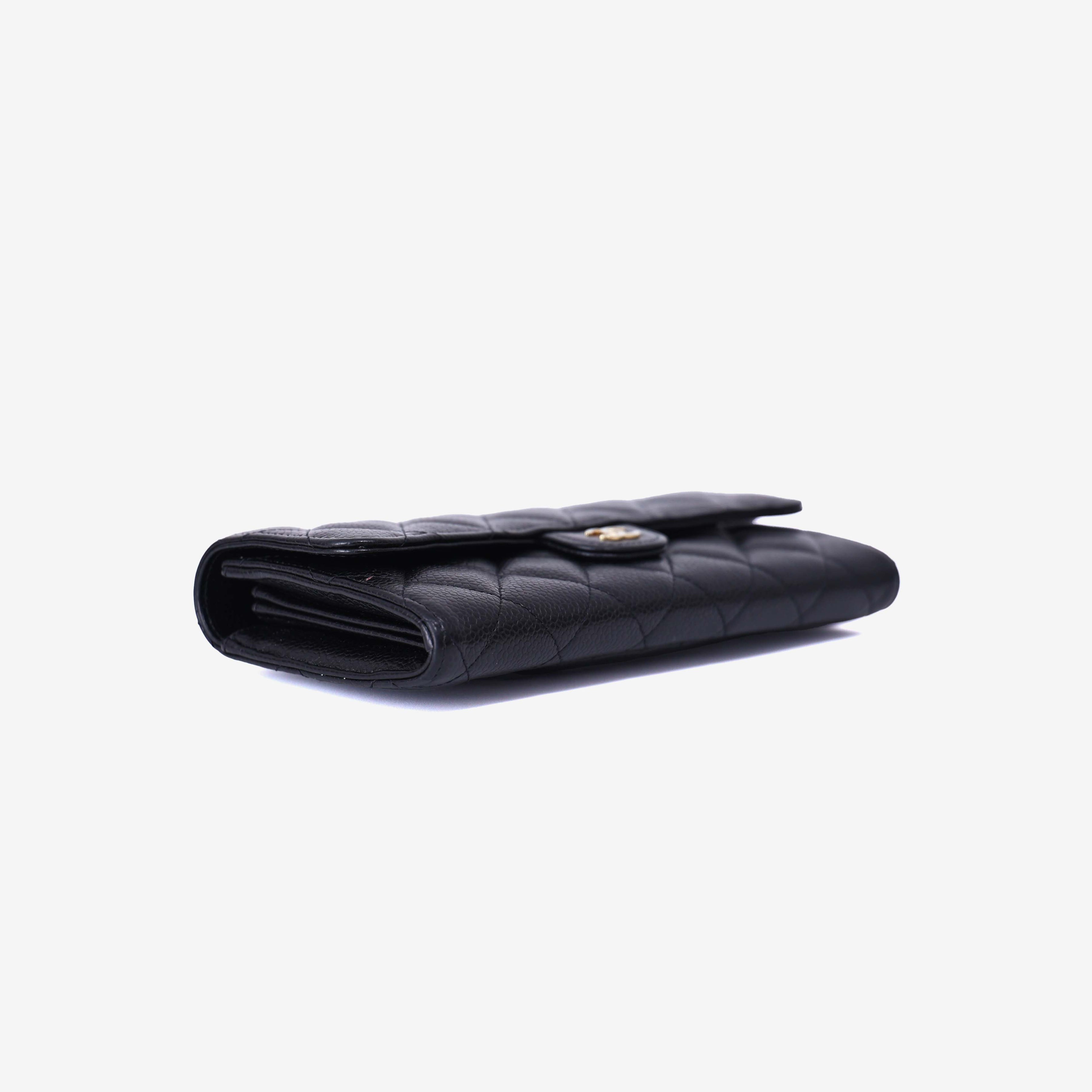 Chanel Classic Long Flap Wallet in Black Caviar Leather with Gold Hardware bottom side view