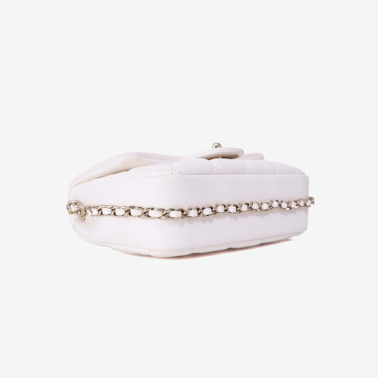Chanel Pearl Crush Flap Bag in White Calfskin Leather with Gold Hardware bottom side view