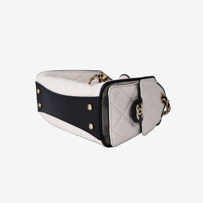 Chanel 25 Mini Hobo Bag in Ecru Quilted Canvas/Black Calfskin with Gold Hardware