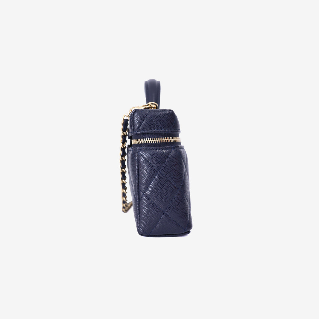 Chanel Long Vanity Case with Chain in Blue Caviar Leather with Gold Hardware side view