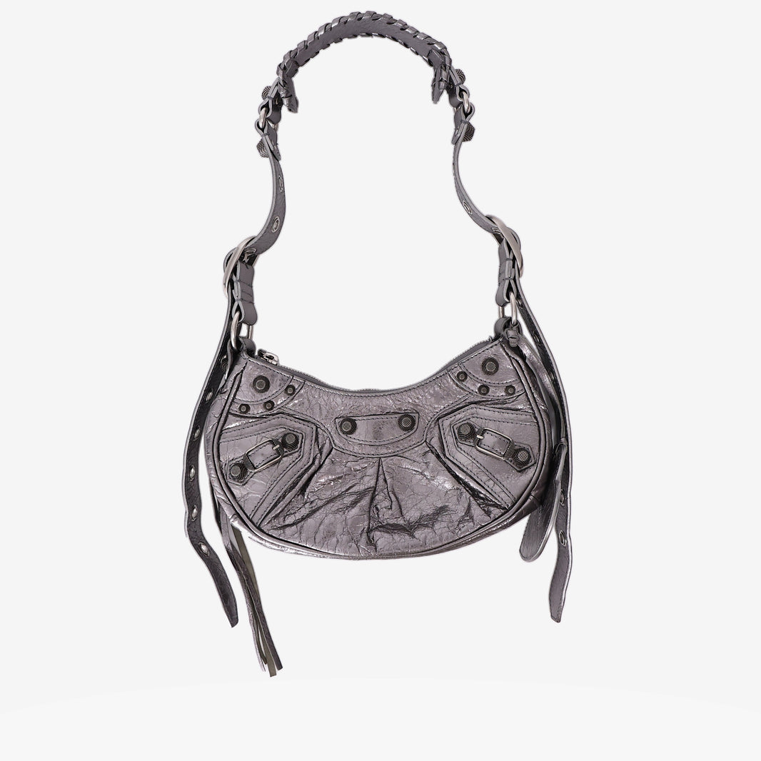 Balenciaga Le Cagole XS Shoulder Bag in Silver Lambskin Leather with Silver Hardware