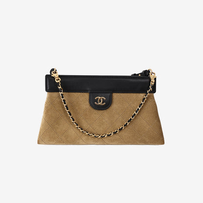 Chanel 26K Quilted Handbag in Beige Suede/Black Calfskin Leather with Gold Hardware