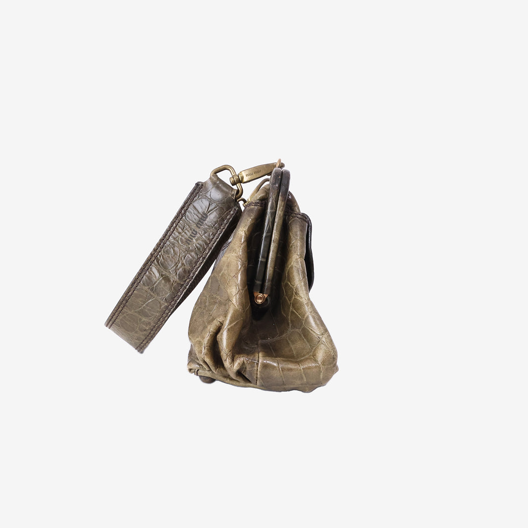 Miu Miu Crocodile-Embossed Kiss-Lock Shoulder Bag in Green Leather with Gold Hardware