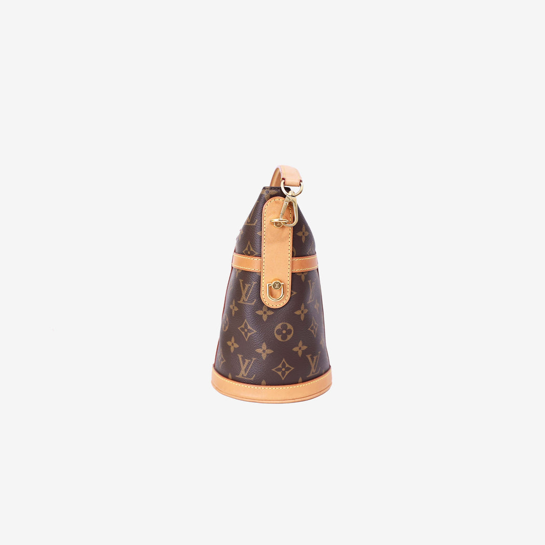 Louis Vuitton Duffle Handbag in Brown Monogram Canvas with Gold Hardware side view