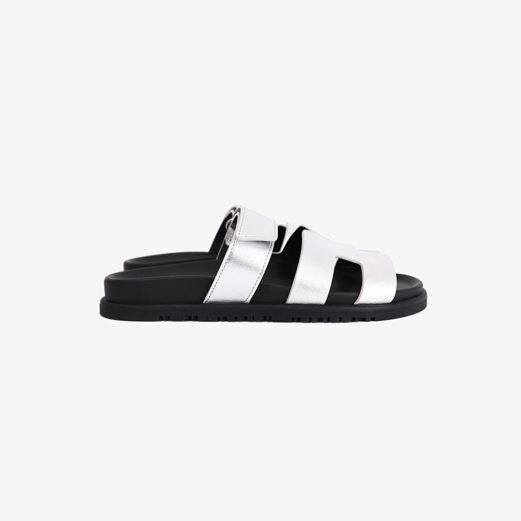 Hermès Chypre Sandals in Gris Argenté Metallic Goatskin (Size 38) (Contact to Enquiry)