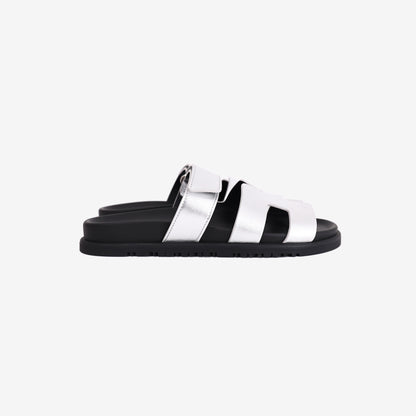 Hermès Chypre Sandals in Gris Argenté Metallic Goatskin (Size 38)